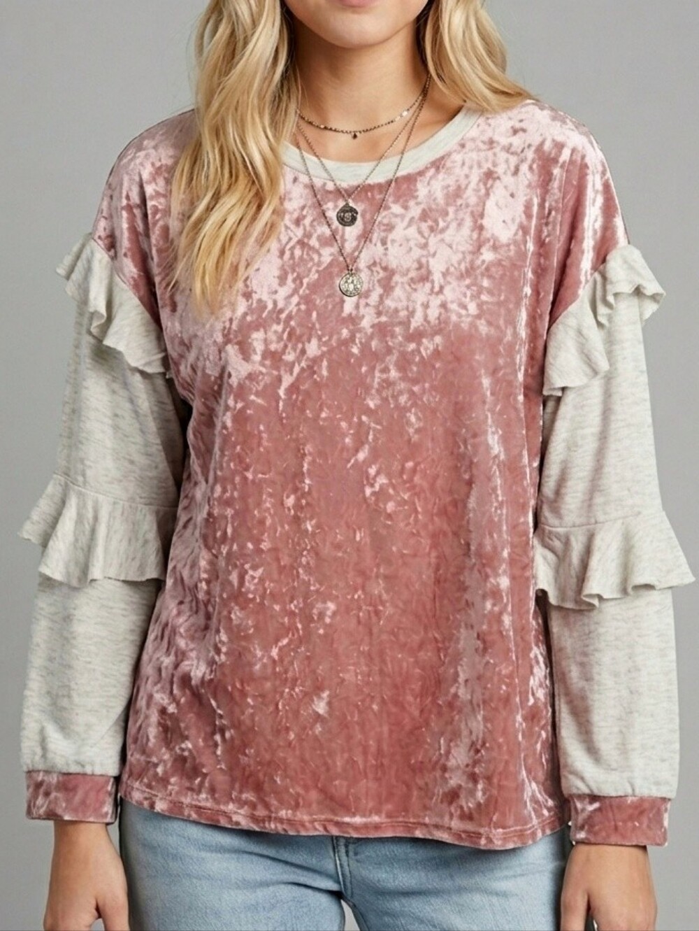 Hummingbird Mauve Crushed Velvet Ruffle Sleeve Top | Size Small
